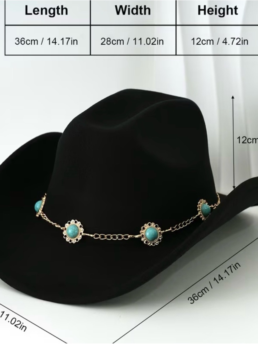 🆕 Turquoise Felt Cowboy Hat with Decorative Chain - Picture 2 of 3